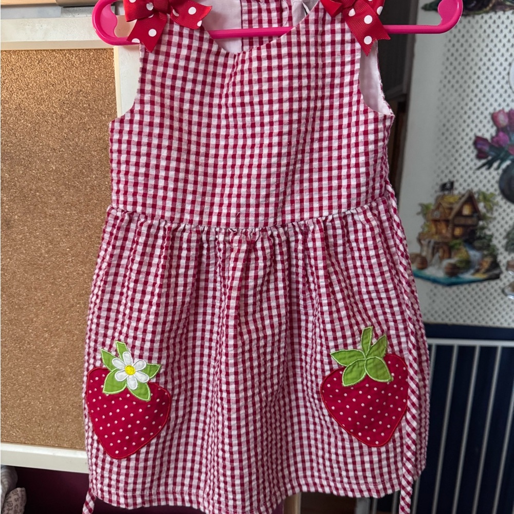 Rare Editions Red Gingham Dress with Strawberry Appliqués